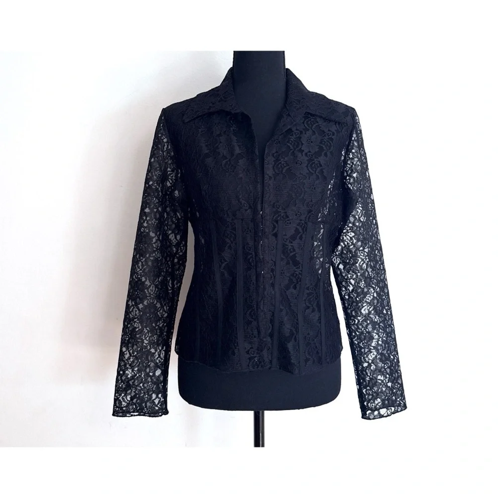 Vintage Rue Twenty One OPTIONS Sheer Black Lace Corset Eye Hook Blouse M Y2K 90s